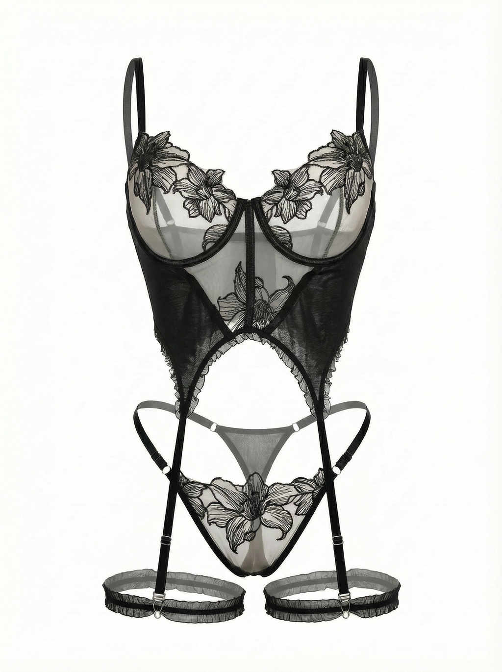 Velvet Fluxe Lily black floral embroidered garter bodysuit with integrated leg rings and structured underwire.