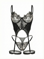 Velvet Fluxe Lily black floral embroidered garter bodysuit with integrated leg rings and structured underwire.