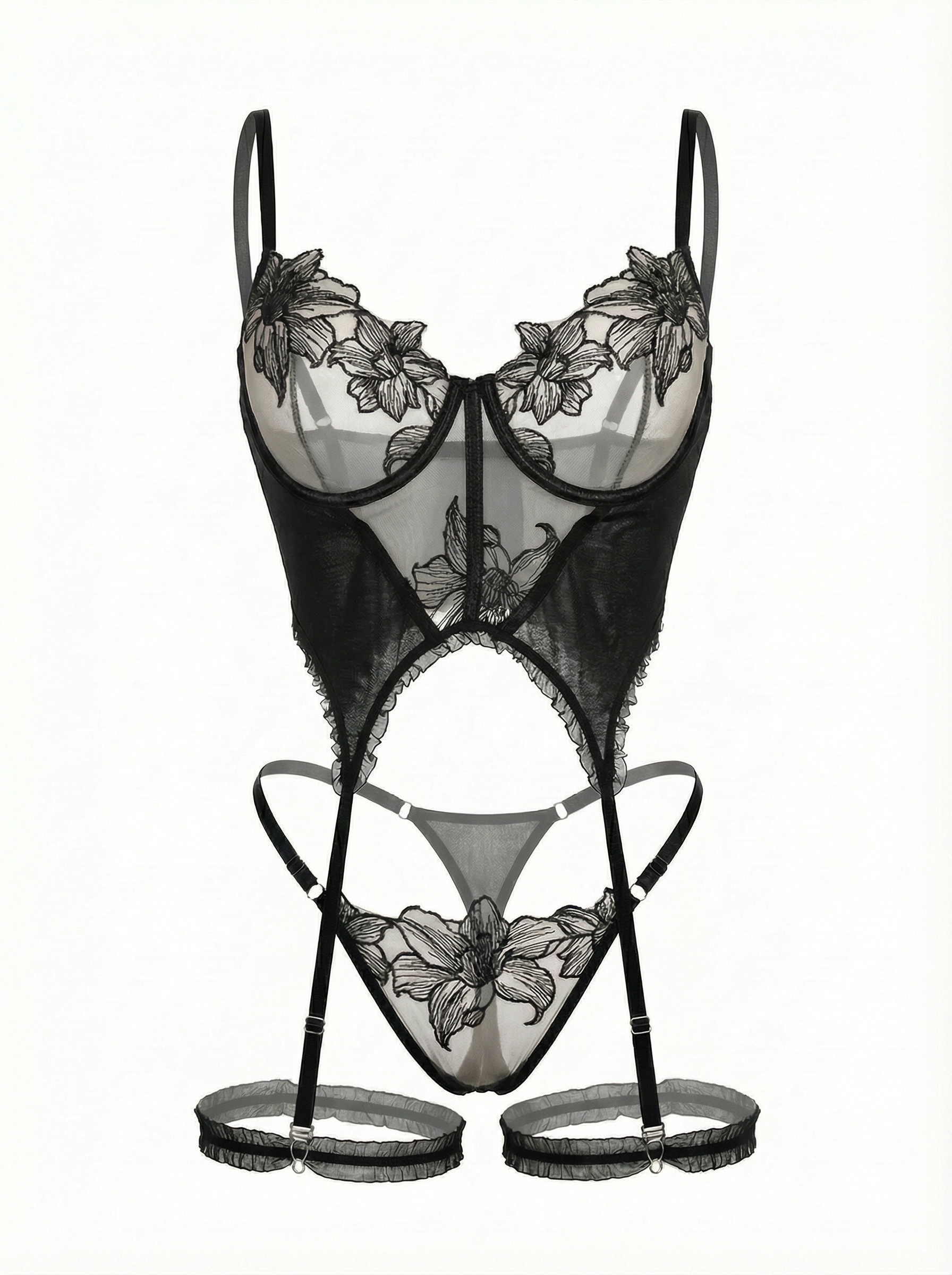 Velvet Fluxe Lily black floral embroidered garter bodysuit with integrated leg rings and structured underwire.