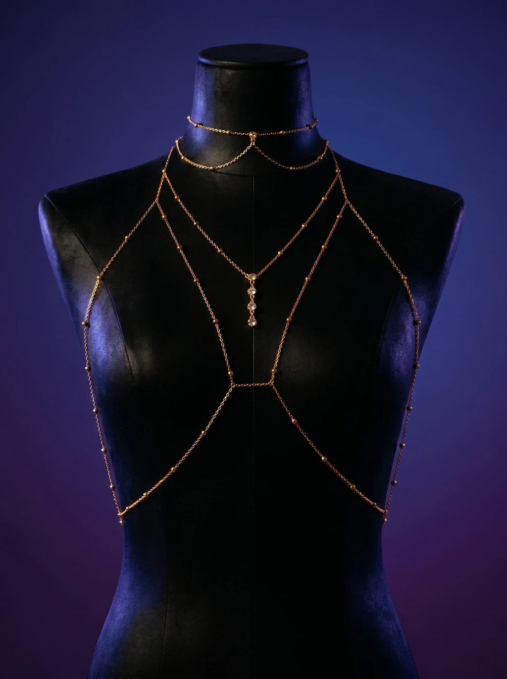 A mesmerizing fusion of delicate gold chains and light-catching crystal drops, the LUNA layered body chain is the ultimate intimate armor for luxury resort styling, festival wear, and avant-garde lingerie layering