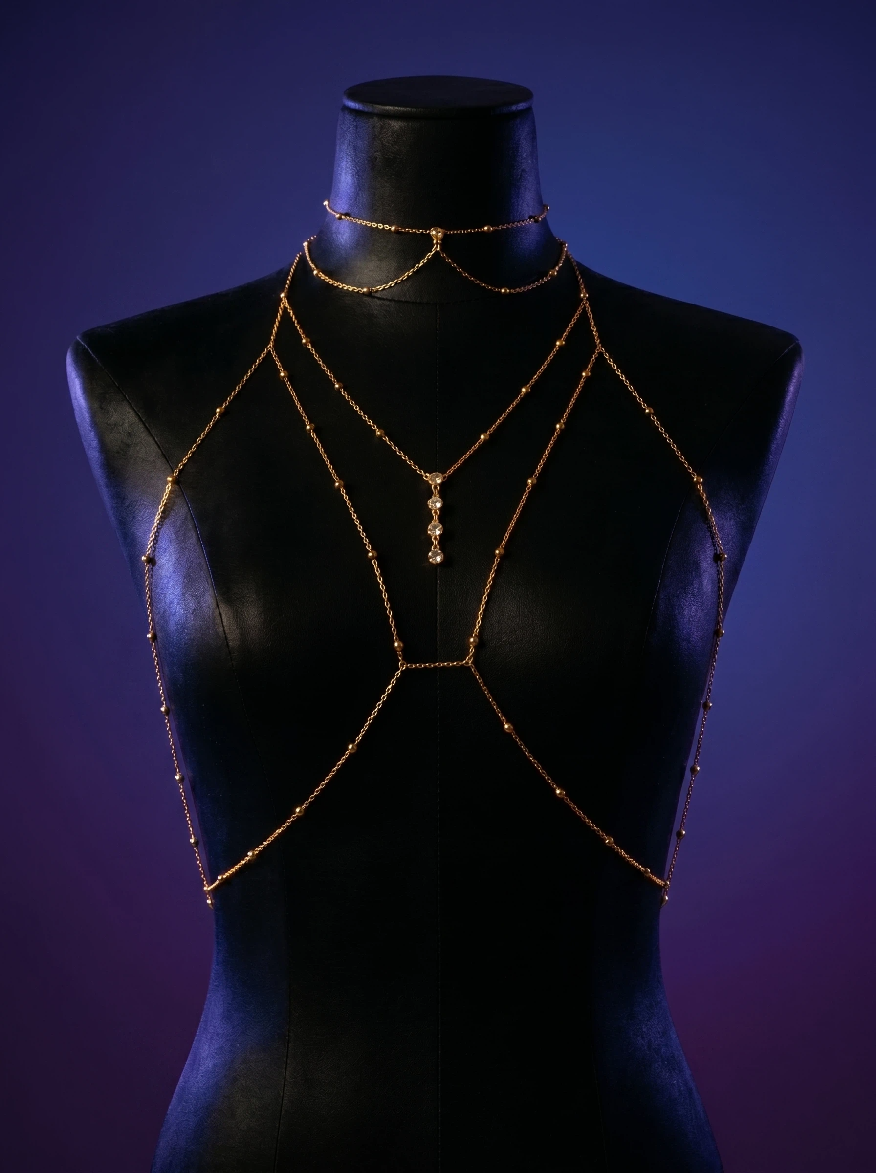A mesmerizing fusion of delicate gold chains and light-catching crystal drops, the LUNA layered body chain is the ultimate intimate armor for luxury resort styling, festival wear, and avant-garde lingerie layering
