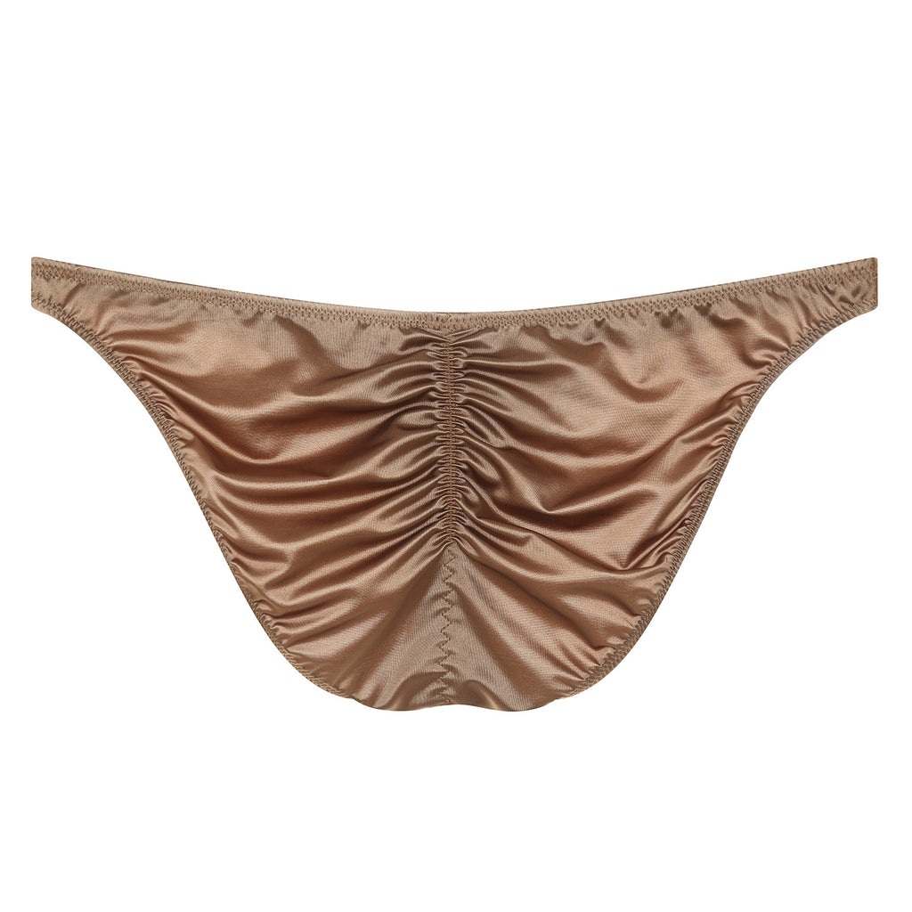 Flat lay back view of the men's brown light luxury satin brief, detailing the ruched rear seam for natural sculpting and smooth, cooling high-stretch fabric.