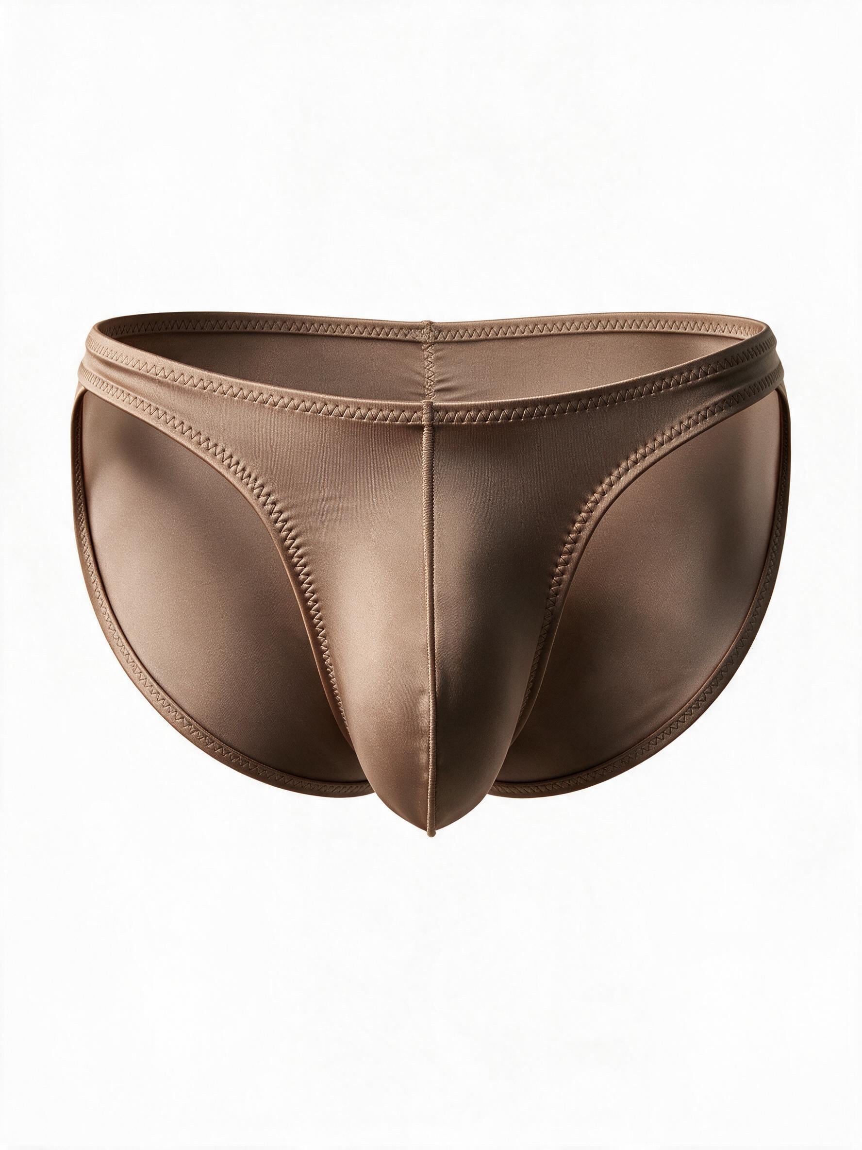 Flat lay of the men's brown ice silk satin brief, displaying the creative stretch stitching, sensual thin waist straps, and contoured breathable front pouch.