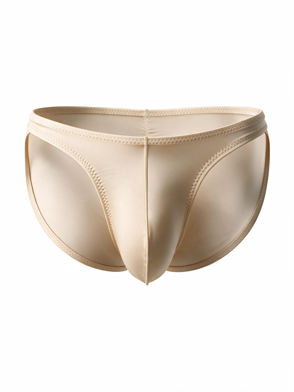 Flat lay of the men's champagne ice silk satin brief, displaying the creative stretch stitching, sensual thin waist straps, and contoured breathable front pouch.