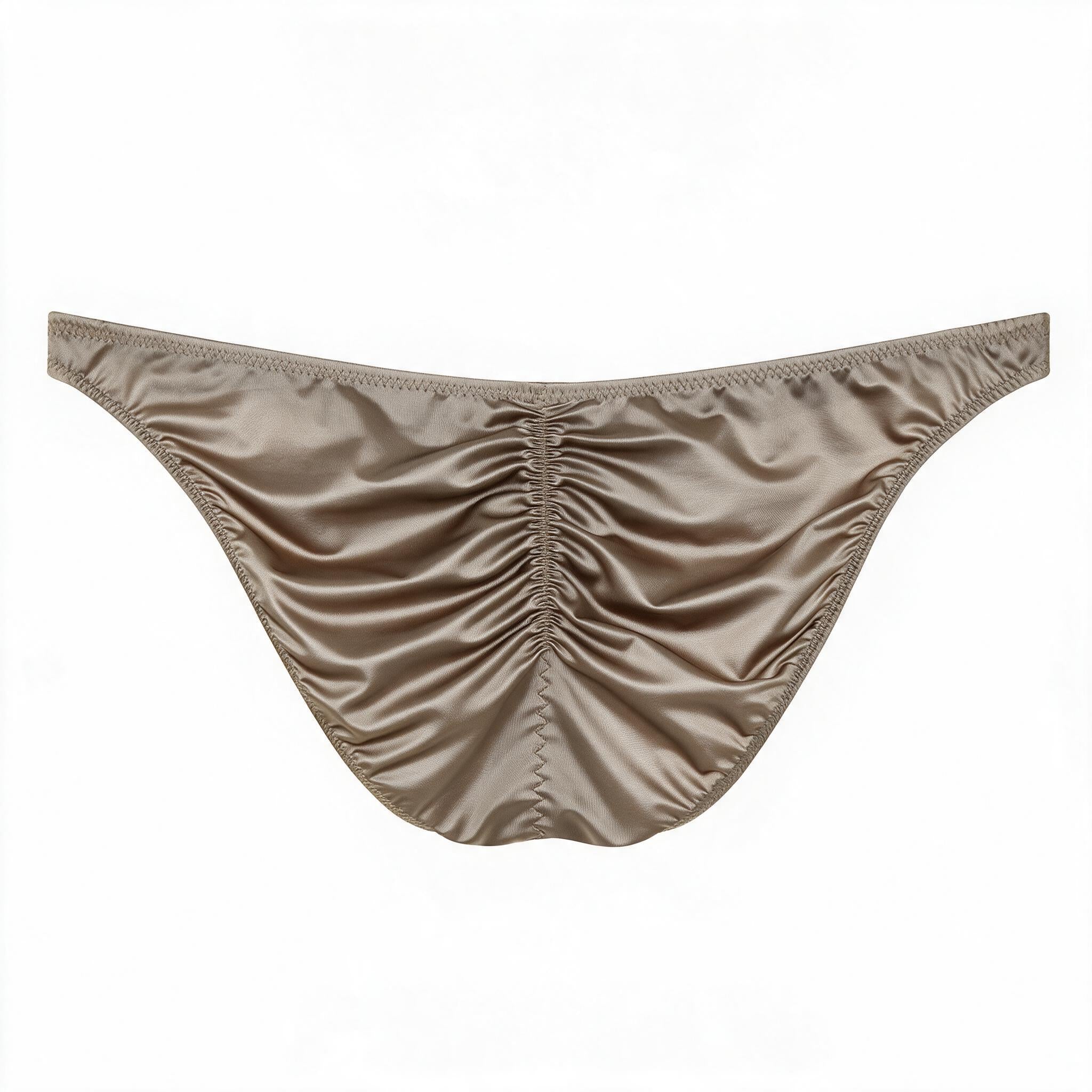 Flat lay back view of the men's silver light luxury satin brief, detailing the ruched rear seam for natural sculpting and smooth, cooling high-stretch fabric.