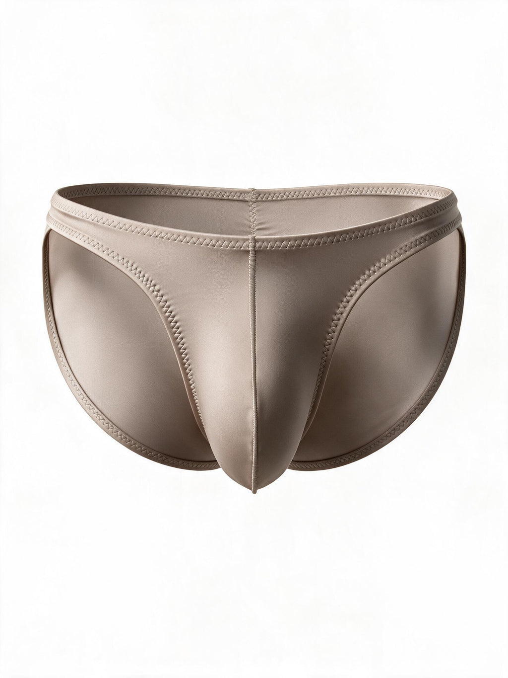 Flat lay of the men's silver ice silk satin brief, displaying the creative stretch stitching, sensual thin waist straps, and contoured breathable front pouch.