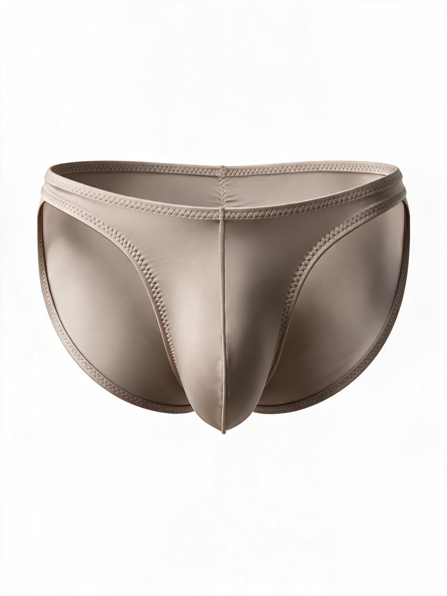 Flat lay of the men's silver ice silk satin brief, displaying the creative stretch stitching, sensual thin waist straps, and contoured breathable front pouch.