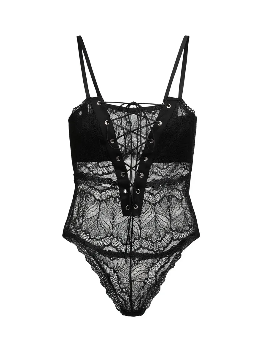 Velvet Fluxe Mystique black floral lace-up bodysuit with eyelet detailing, versatile sheer lingerie top for layering.