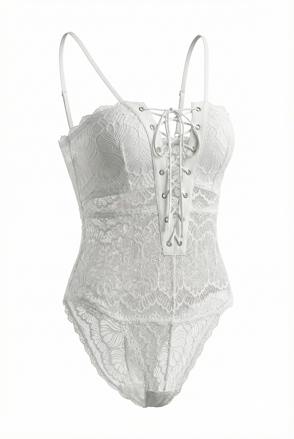 Velvet Fluxe Mystique white floral lace-up bodysuit, elegant sheer lingerie for bridal or boudoir photography.
