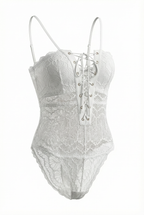 Velvet Fluxe Mystique white floral lace-up bodysuit, elegant sheer lingerie for bridal or boudoir photography.