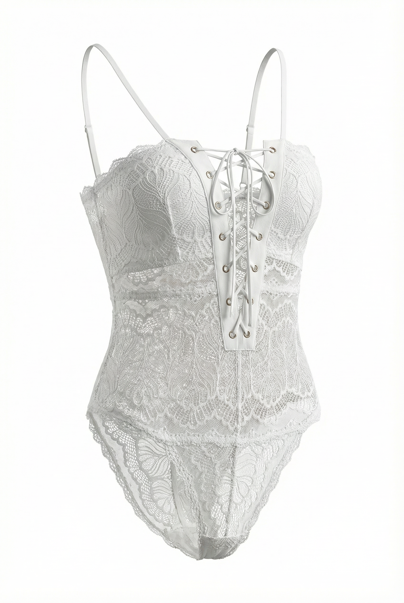 Velvet Fluxe Mystique white floral lace-up bodysuit, elegant sheer lingerie for bridal or boudoir photography.