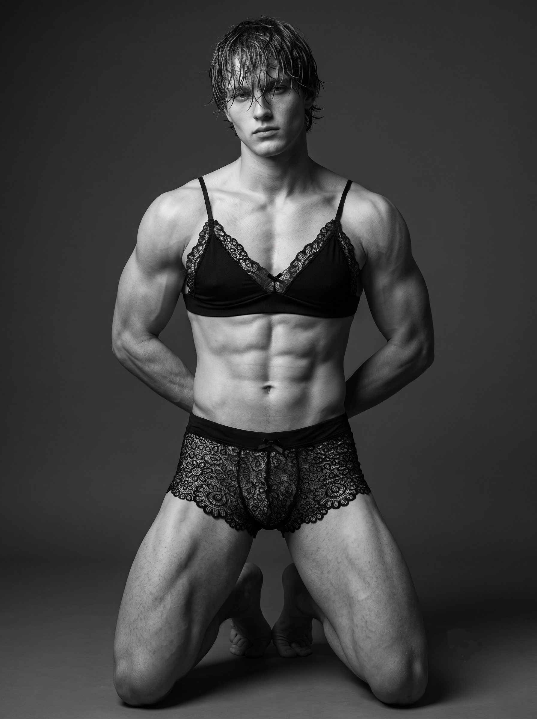 Male model kneeling wearing the Velvet Fluxe NOCTURNE French men's black sheer floral lace lingerie set, featuring a soft stretch bralette and matching scalloped lace briefs.