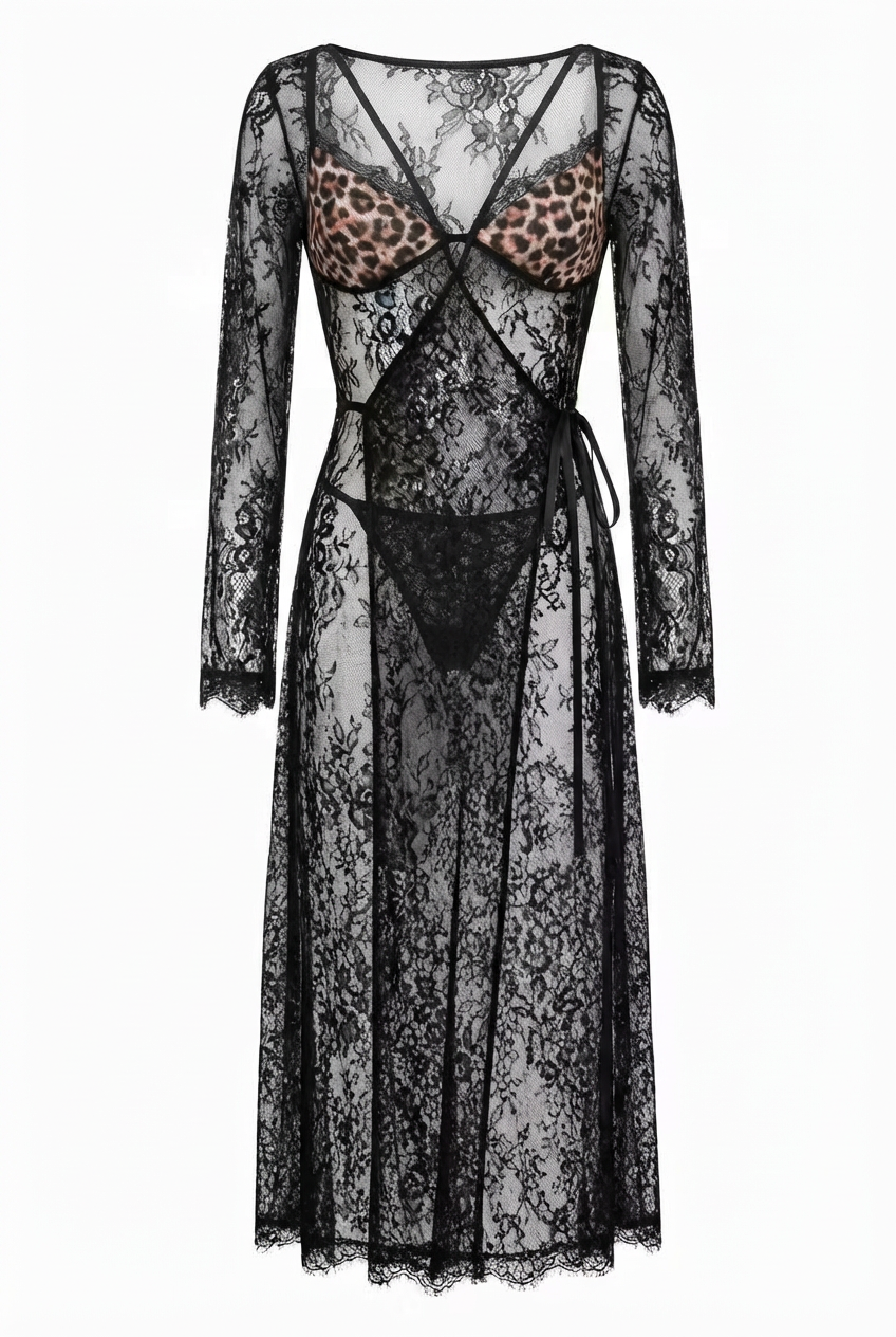 Full-length sheer black lace robe with long sleeves and a striking leopard print bra top underneath, styled as an avant-garde lingerie piece.