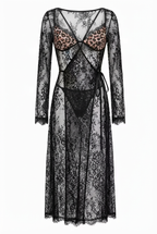 Full-length sheer black lace robe with long sleeves and a striking leopard print bra top underneath, styled as an avant-garde lingerie piece.