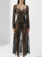 Velvet Fluxe Noir sheer floral lace maxi gown with leopard print silk lining and long sleeves, avant-garde evening wear.
