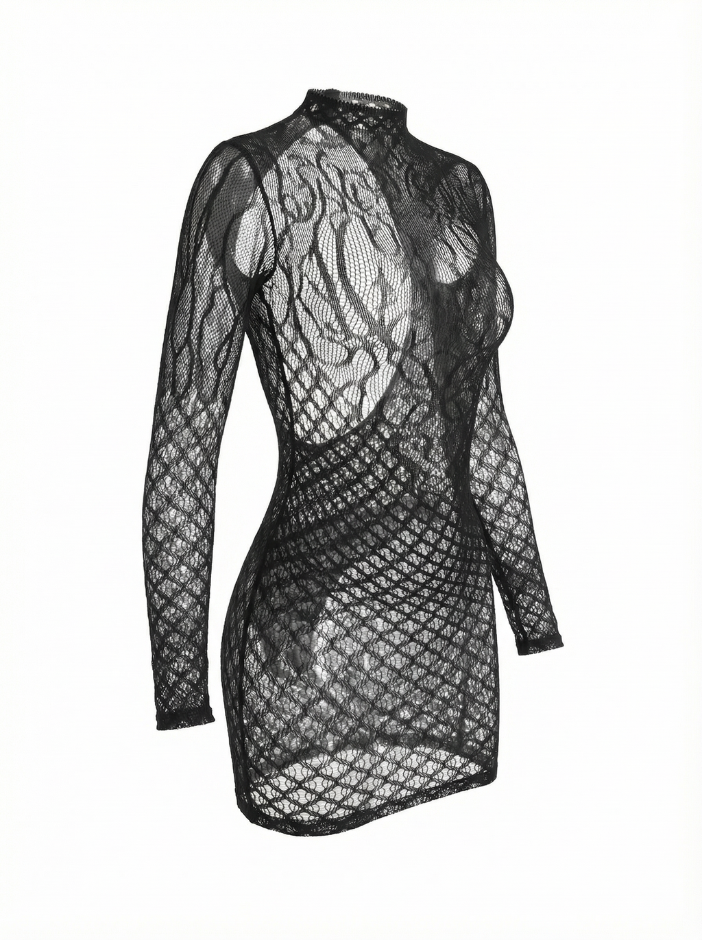 Velvet Fluxe Noir lattice sheer lace long-sleeve mini dress, provocative geometric mesh lingerie dress.