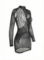 Velvet Fluxe Noir lattice sheer lace long-sleeve mini dress, provocative geometric mesh lingerie dress.