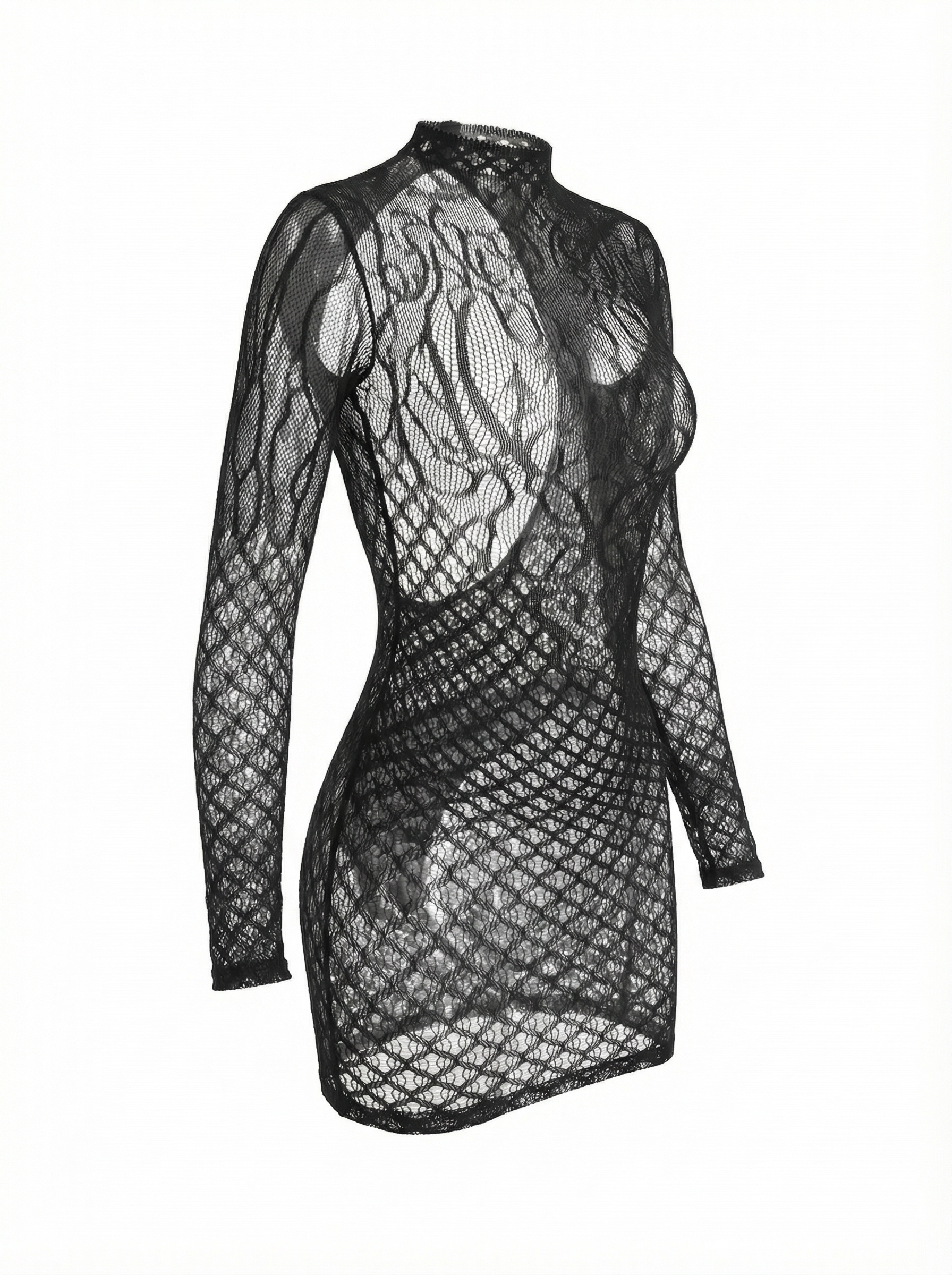 Velvet Fluxe Noir lattice sheer lace long-sleeve mini dress, provocative geometric mesh lingerie dress.