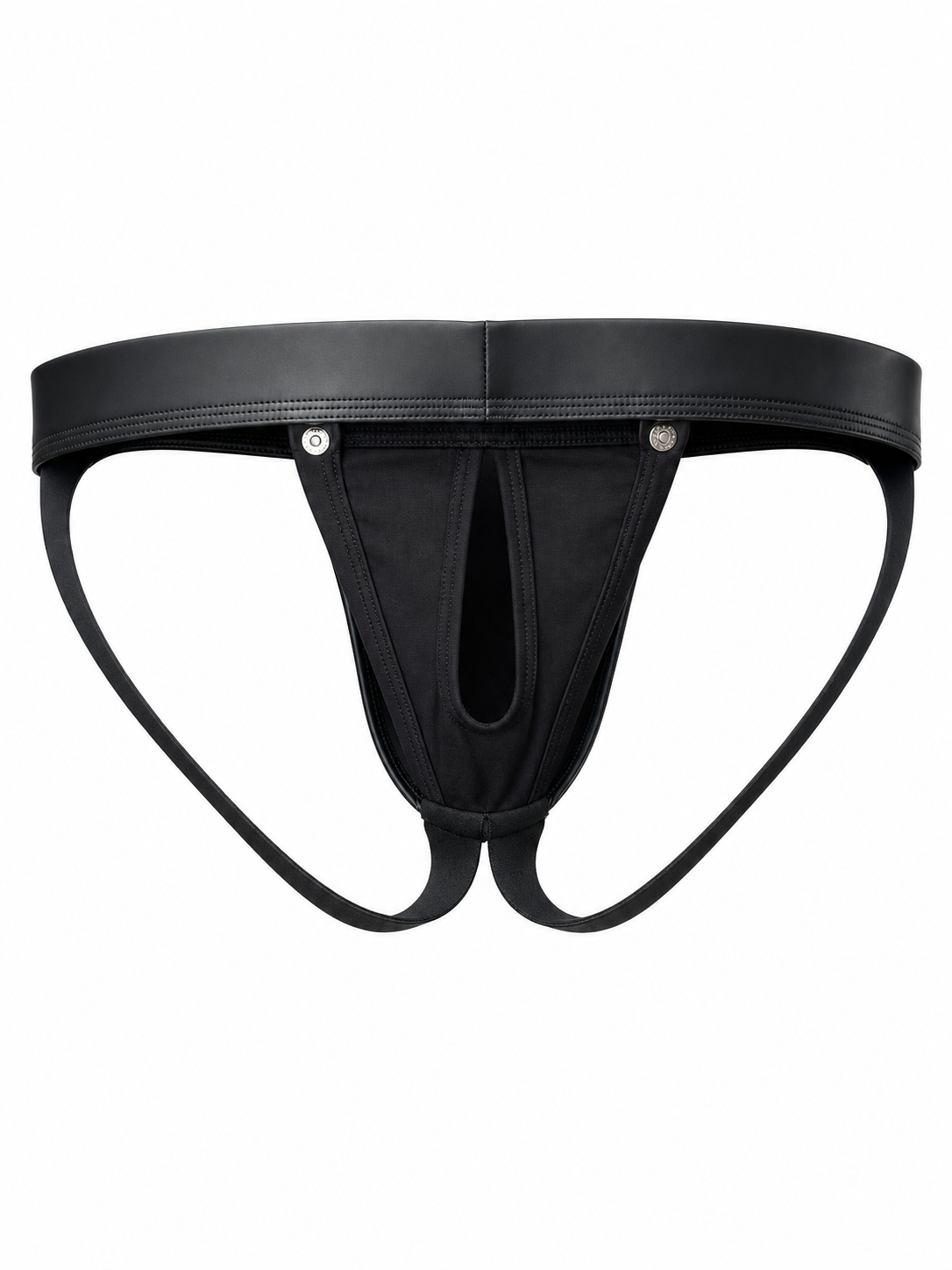 Back product view of the Velvet Fluxe Homme OBSIDIAN black leather jockstrap on a white background, highlighting the classic elastic T-back lifting straps and inner pouch opening.