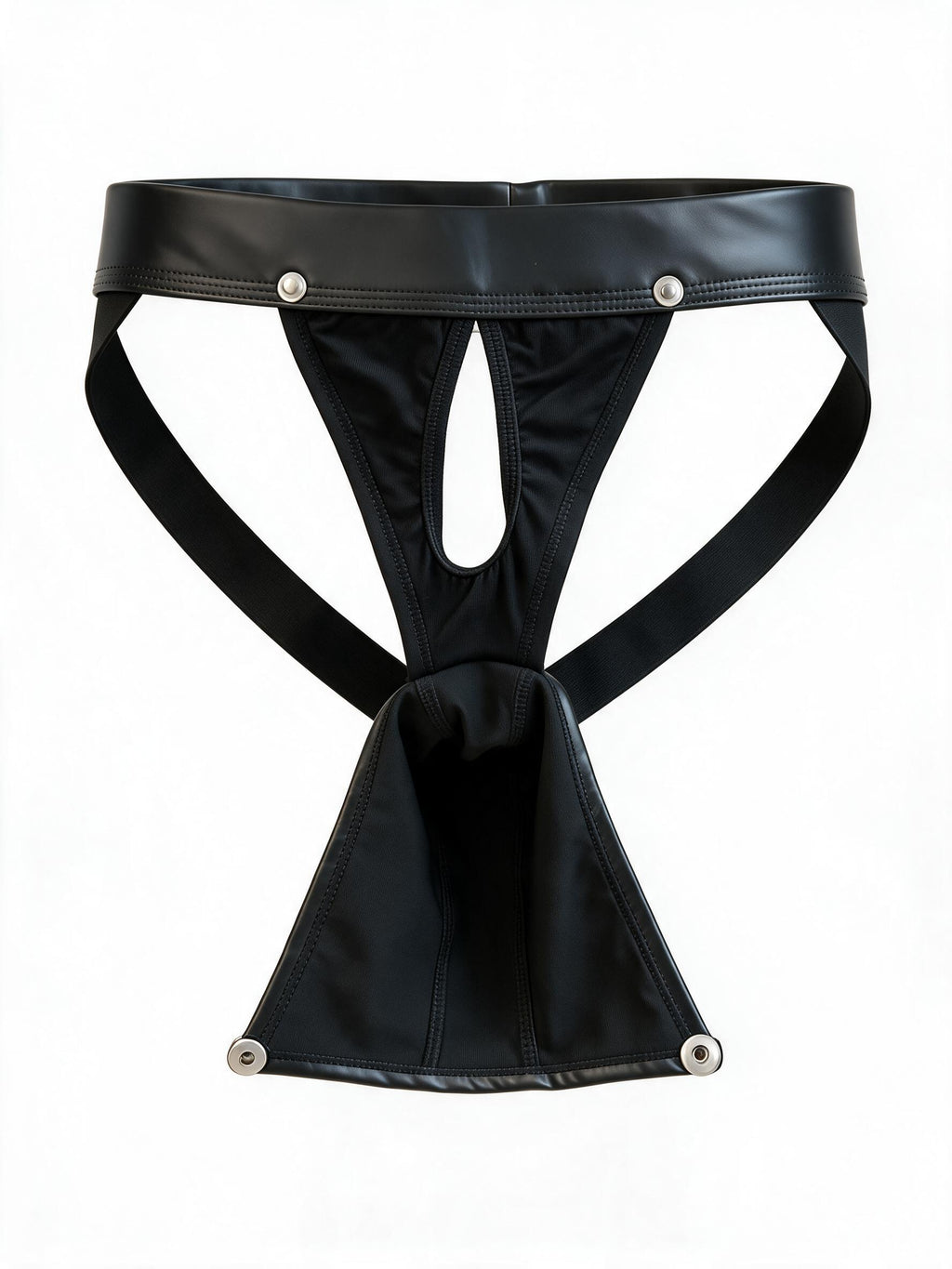 Front flat lay view of the Velvet Fluxe Homme OBSIDIAN black leather jockstrap with the detachable pouch unbuttoned and lowered, revealing the inner cutout design and metal snap hardware.
