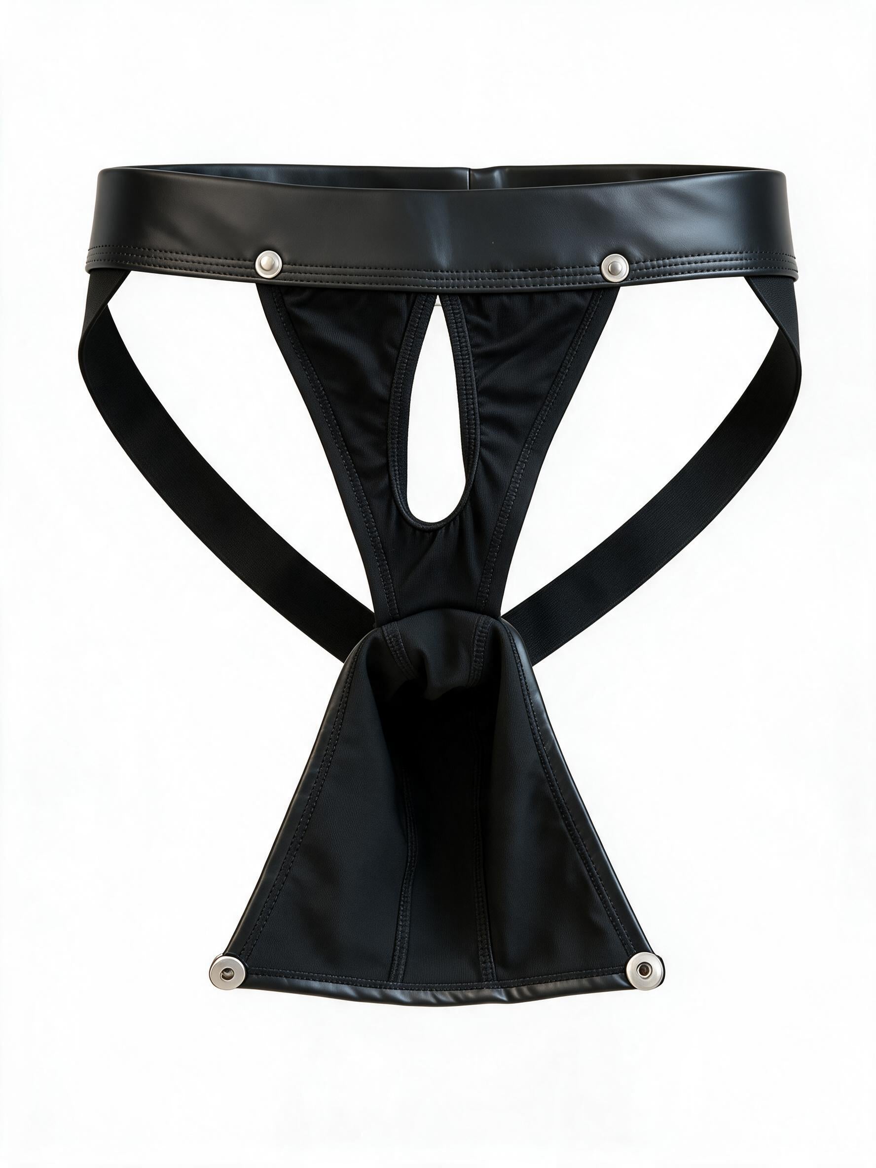 Front flat lay view of the Velvet Fluxe Homme OBSIDIAN black leather jockstrap with the detachable pouch unbuttoned and lowered, revealing the inner cutout design and metal snap hardware.