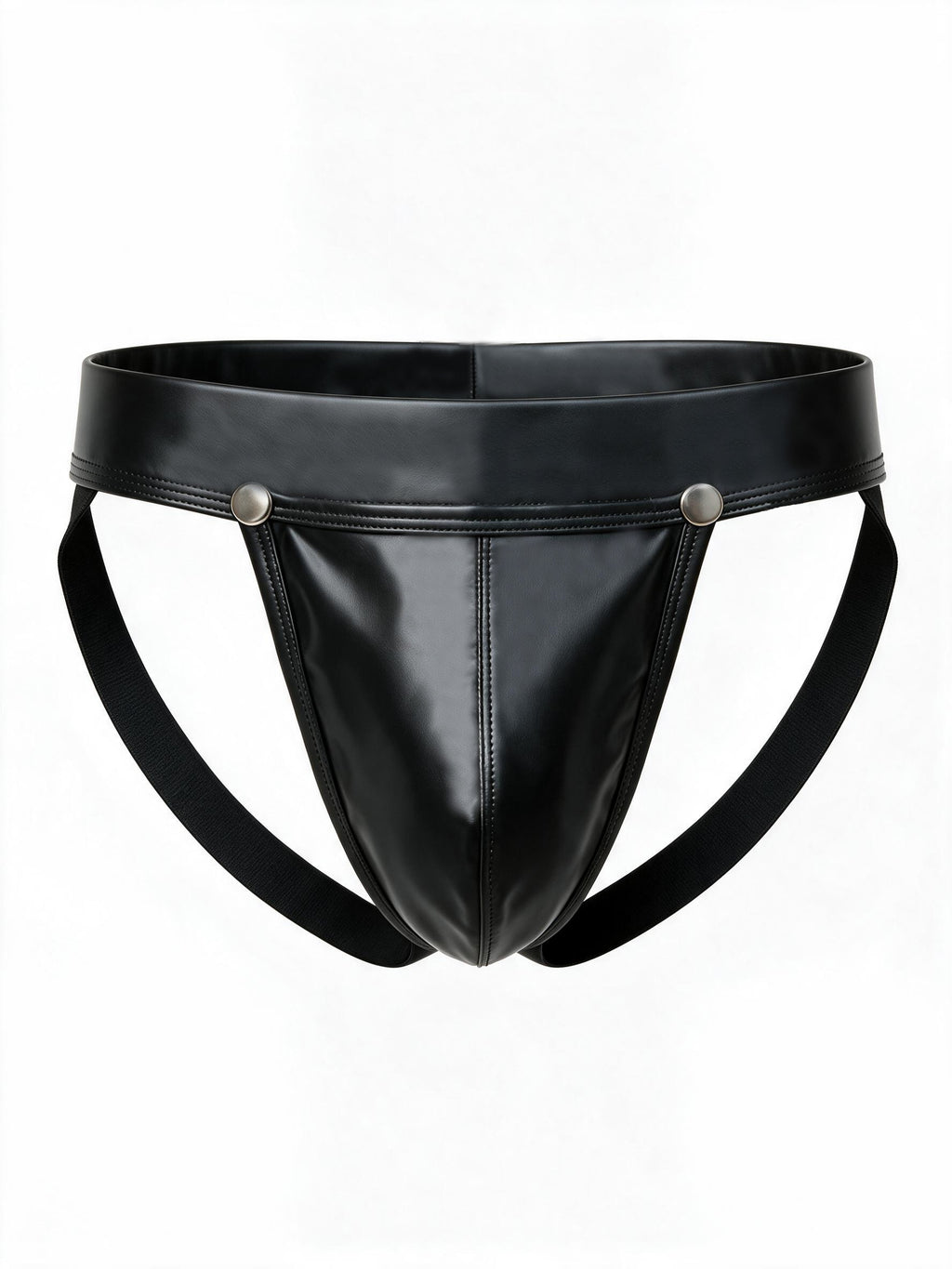 Front 3D product view of the Velvet Fluxe Homme OBSIDIAN men's black vegan leather jockstrap. Featuring a sleek contoured pouch secured by two silver metal snaps on a thick leather waistband.