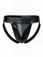 Front 3D product view of the Velvet Fluxe Homme OBSIDIAN men's black vegan leather jockstrap. Featuring a sleek contoured pouch secured by two silver metal snaps on a thick leather waistband.
