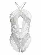 Velvet Fluxe Ophelia ivory lace lingerie set featuring draped pearl accents, high-neck design and sheer mesh, luxury vintage bridal intimates.