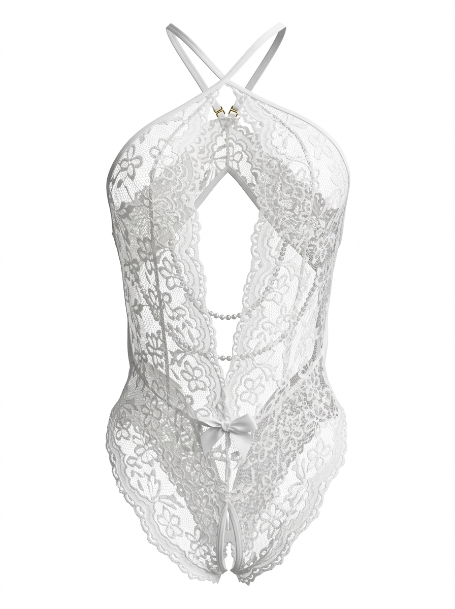 Velvet Fluxe Ophelia ivory lace lingerie set featuring draped pearl accents, high-neck design and sheer mesh, luxury vintage bridal intimates.