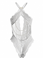 Velvet Fluxe Ophelia ivory lace lingerie set featuring draped pearl accents, high-neck design and sheer mesh, luxury vintage bridal intimates.