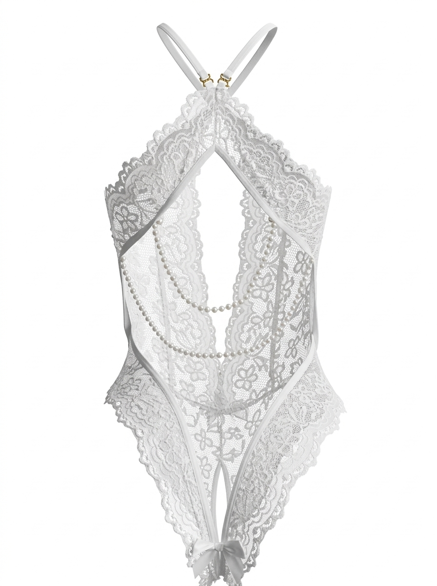 Velvet Fluxe Ophelia ivory lace lingerie set featuring draped pearl accents, high-neck design and sheer mesh, luxury vintage bridal intimates.