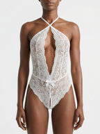 Velvet Fluxe Ophelia ivory lace lingerie set featuring draped pearl accents, high-neck design and sheer mesh, luxury vintage bridal intimates.
