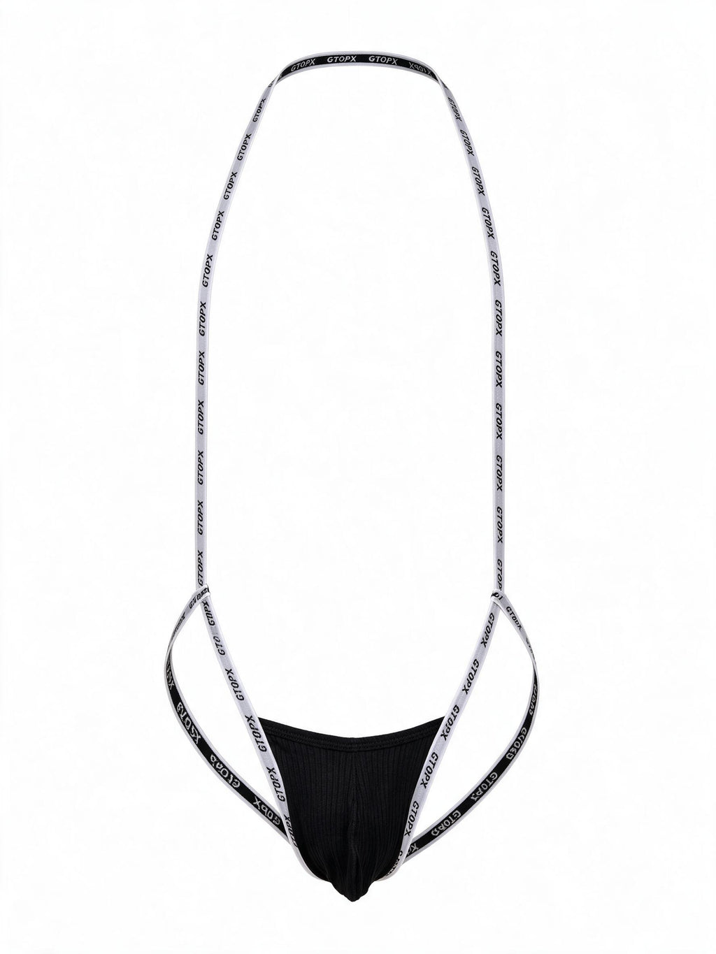 Flat lay of the Velvet Fluxe men's black suspender thong, detailing the lettered elastic harness system, ribbed cotton U-pouch, and smooth edge binding.