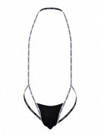 Flat lay of the Velvet Fluxe men's black suspender thong, detailing the lettered elastic harness system, ribbed cotton U-pouch, and smooth edge binding.