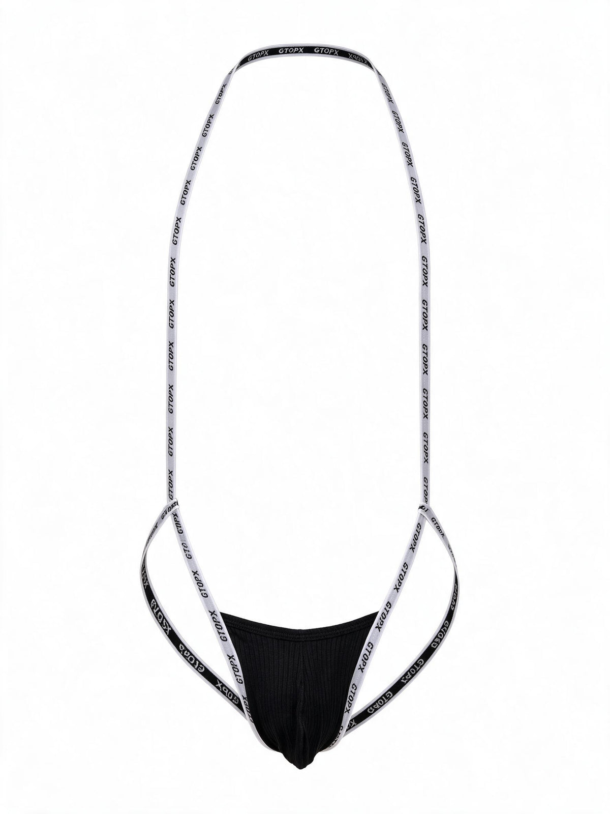 Flat lay of the Velvet Fluxe men's black suspender thong, detailing the lettered elastic harness system, ribbed cotton U-pouch, and smooth edge binding.