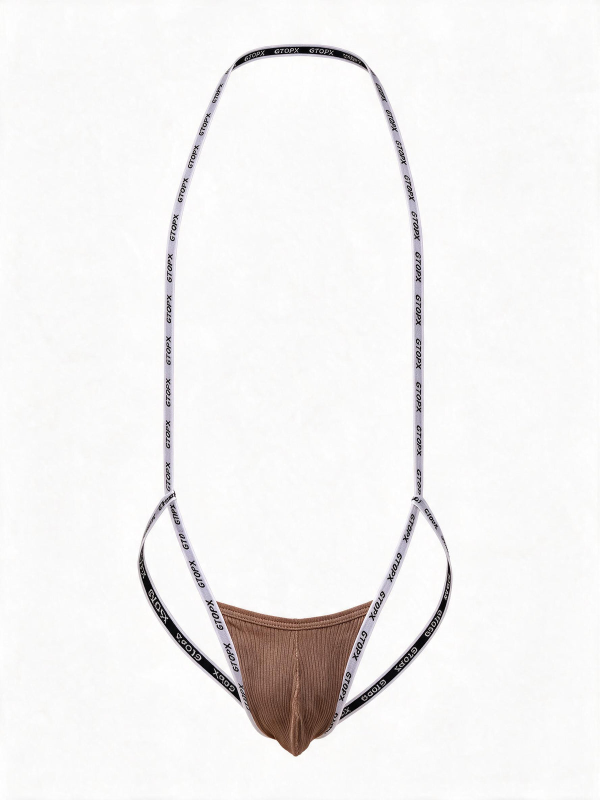 Product flat lay of the brown men's ribbed harness underwear, displaying the 3D convex enhancing pouch and flexible high-stretch lettered straps.