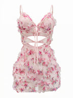 Velvet Fluxe Rosette soft pink floral sheer mesh mini dress with romantic ruched details, sweet coquette aesthetic intimates.