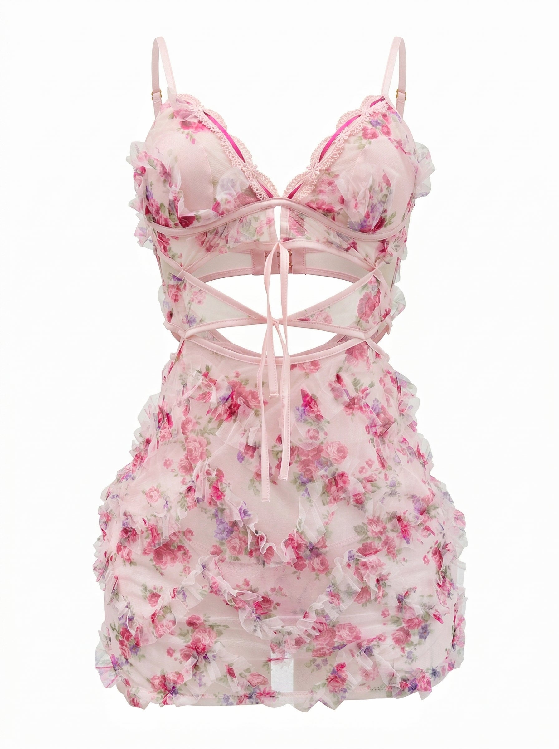 Velvet Fluxe Rosette soft pink floral sheer mesh mini dress with romantic ruched details, sweet coquette aesthetic intimates.