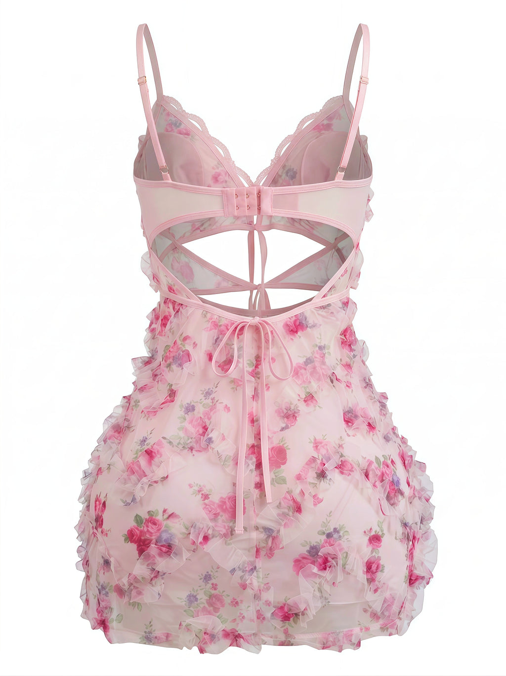 Velvet Fluxe Rosette soft pink floral sheer mesh mini dress with romantic ruched details, sweet coquette aesthetic intimates.