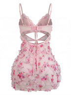 Velvet Fluxe Rosette soft pink floral sheer mesh mini dress with romantic ruched details, sweet coquette aesthetic intimates.