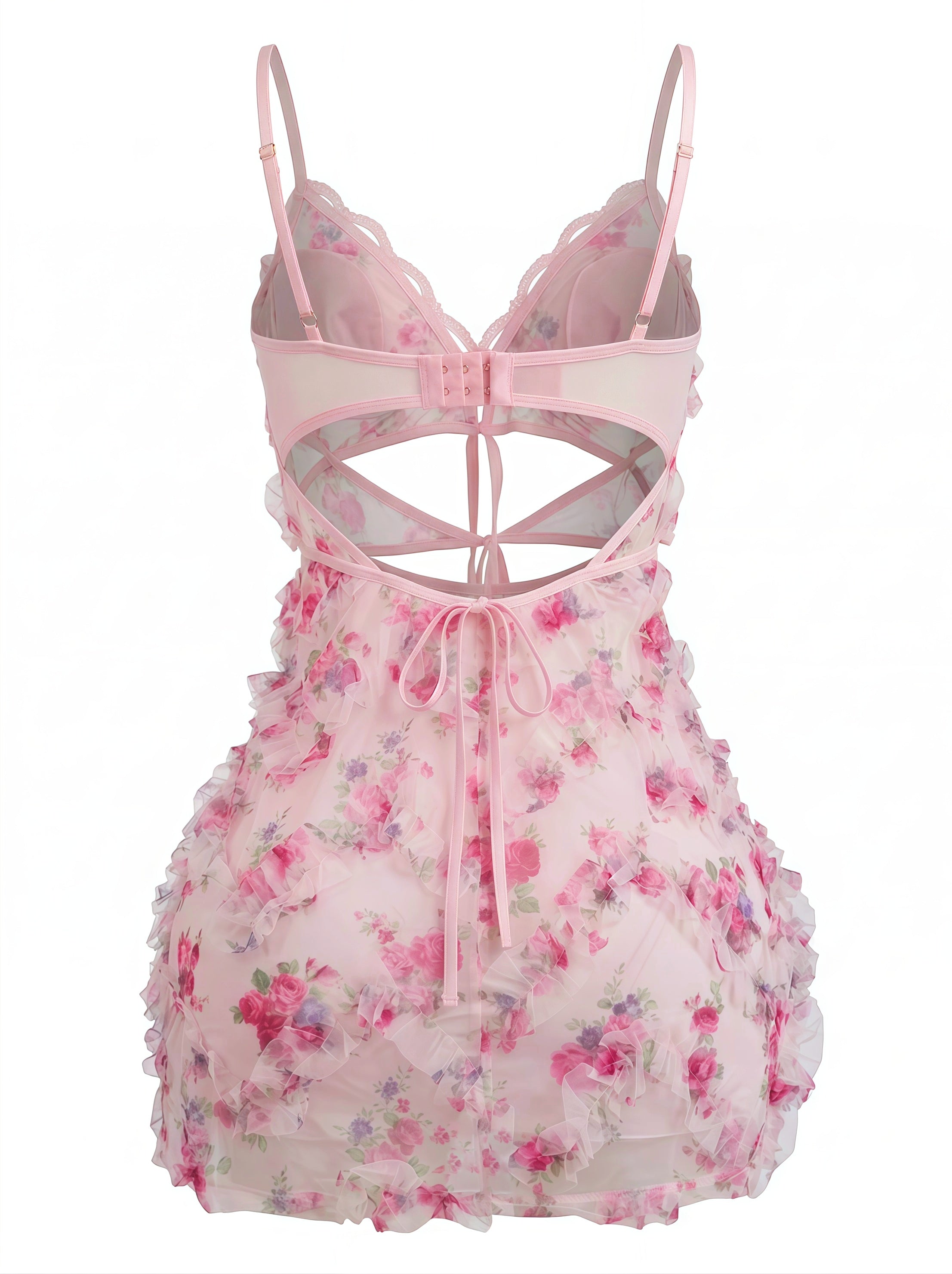 Velvet Fluxe Rosette soft pink floral sheer mesh mini dress with romantic ruched details, sweet coquette aesthetic intimates.