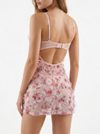Velvet Fluxe Rosette soft pink floral sheer mesh mini dress with romantic ruched details, sweet coquette aesthetic intimates.