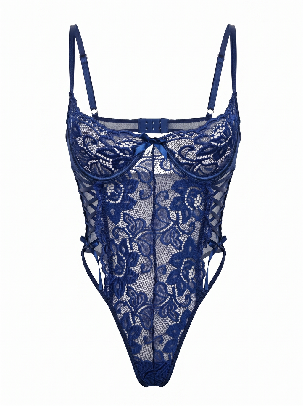 Front view of a navy blue sheer floral lace bodysuit featuring structured underwire cups and corset-style side lacing.