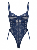 Back view of a sheer navy blue mesh bodysuit highlighting a high-cut thong bottom, classic hook-and-eye closure, and satin side ties.