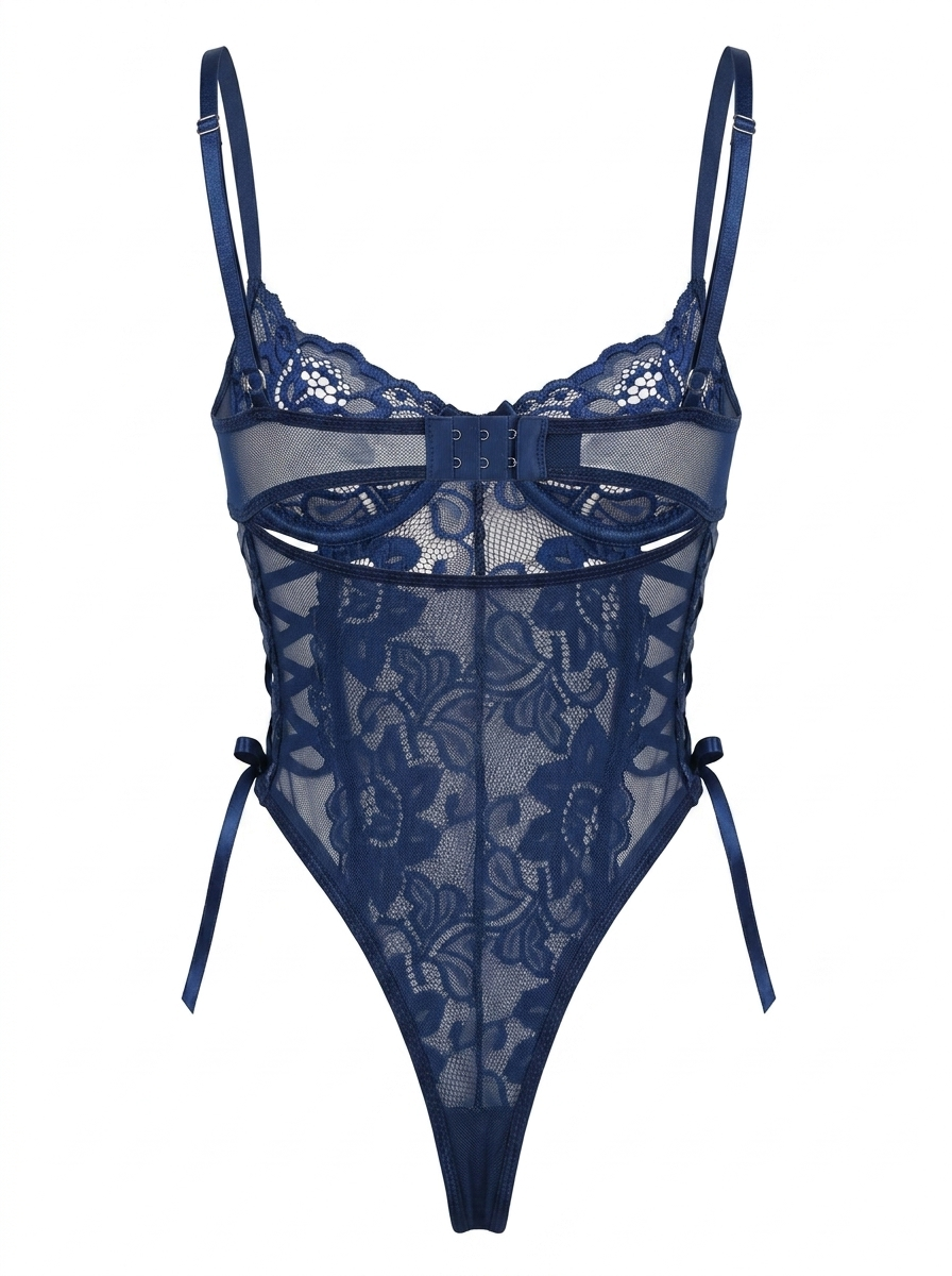 Back view of a sheer navy blue mesh bodysuit highlighting a high-cut thong bottom, classic hook-and-eye closure, and satin side ties.