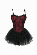Velvet Fluxe Scarlet Noir red and black lace corset with black tulle ballerina skirt, dark romantic gothic style.