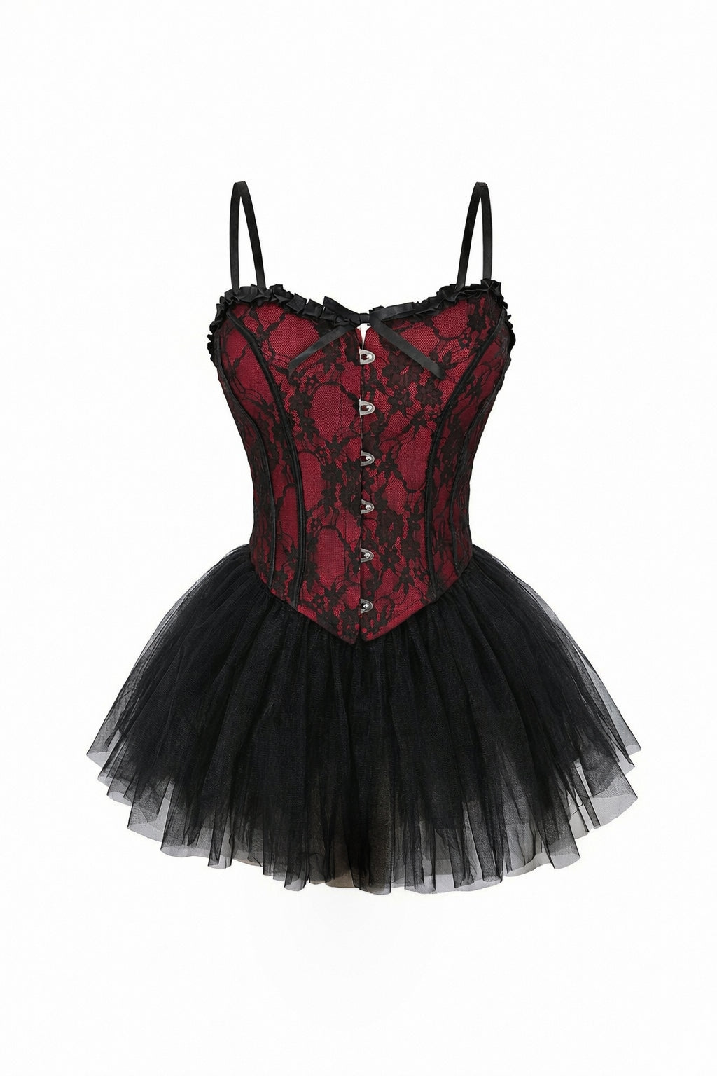 Velvet Fluxe Scarlet Noir red and black lace corset with black tulle ballerina skirt, dark romantic gothic style.