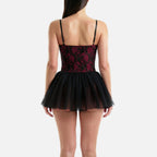 Velvet Fluxe Scarlet Noir red and black lace corset with black tulle ballerina skirt, dark romantic gothic style.