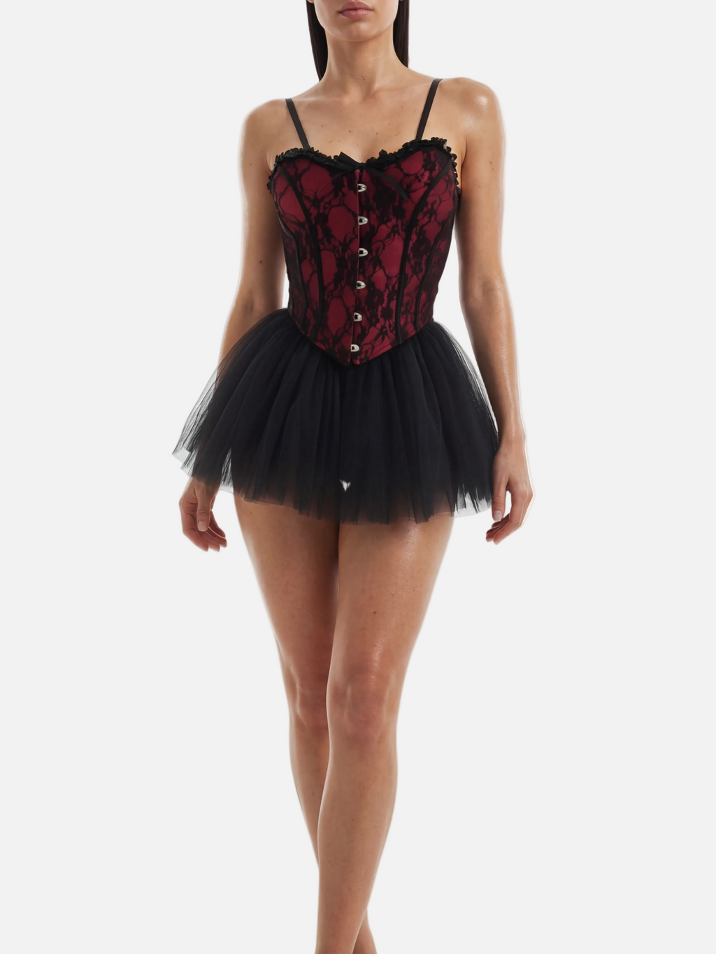 Velvet Fluxe Scarlet Noir red and black lace corset with black tulle ballerina skirt, dark romantic gothic style.