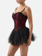 Velvet Fluxe Scarlet Noir red and black lace corset with black tulle ballerina skirt, dark romantic gothic style.